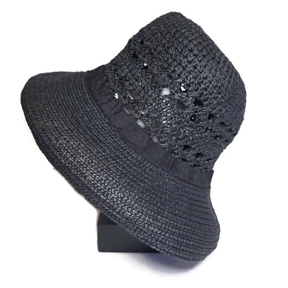 VINTAGE 90s Y2K Woven Straw Bucket Hat Ribbon Detail Retro Trendy